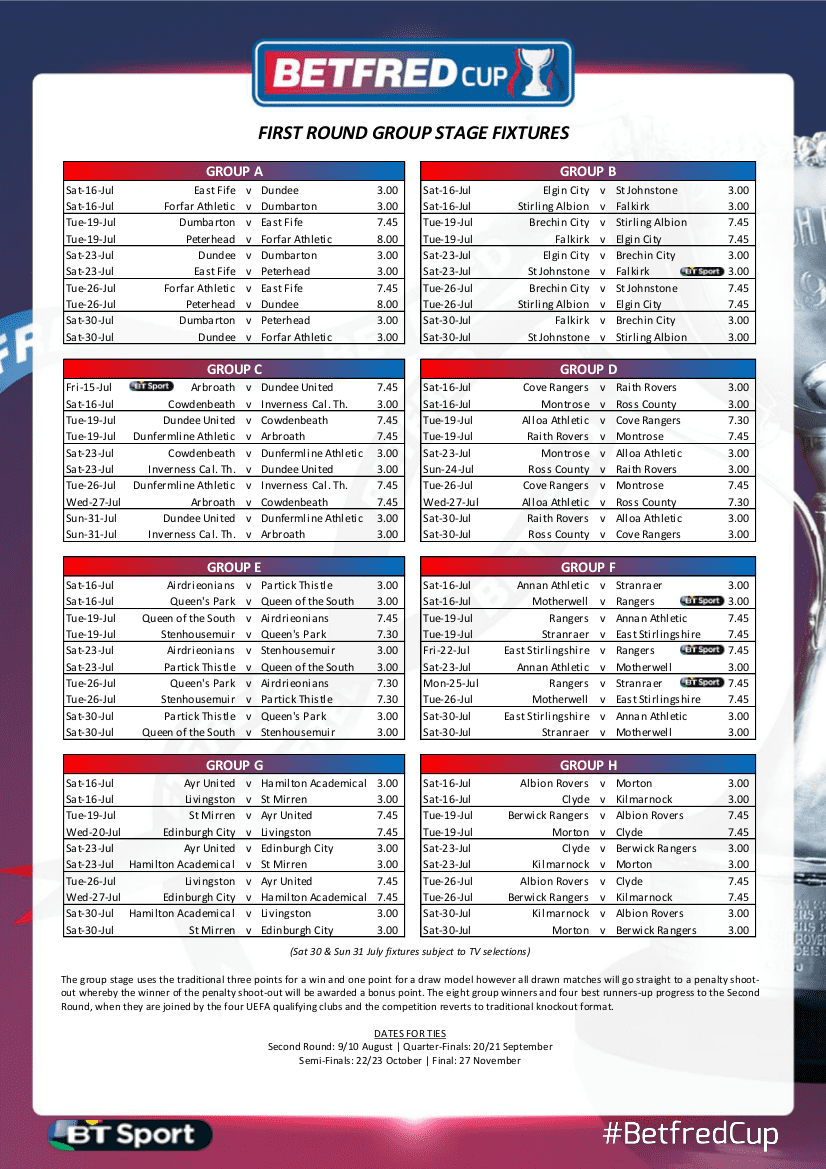 Betfred Cup Group Stage Fixtures